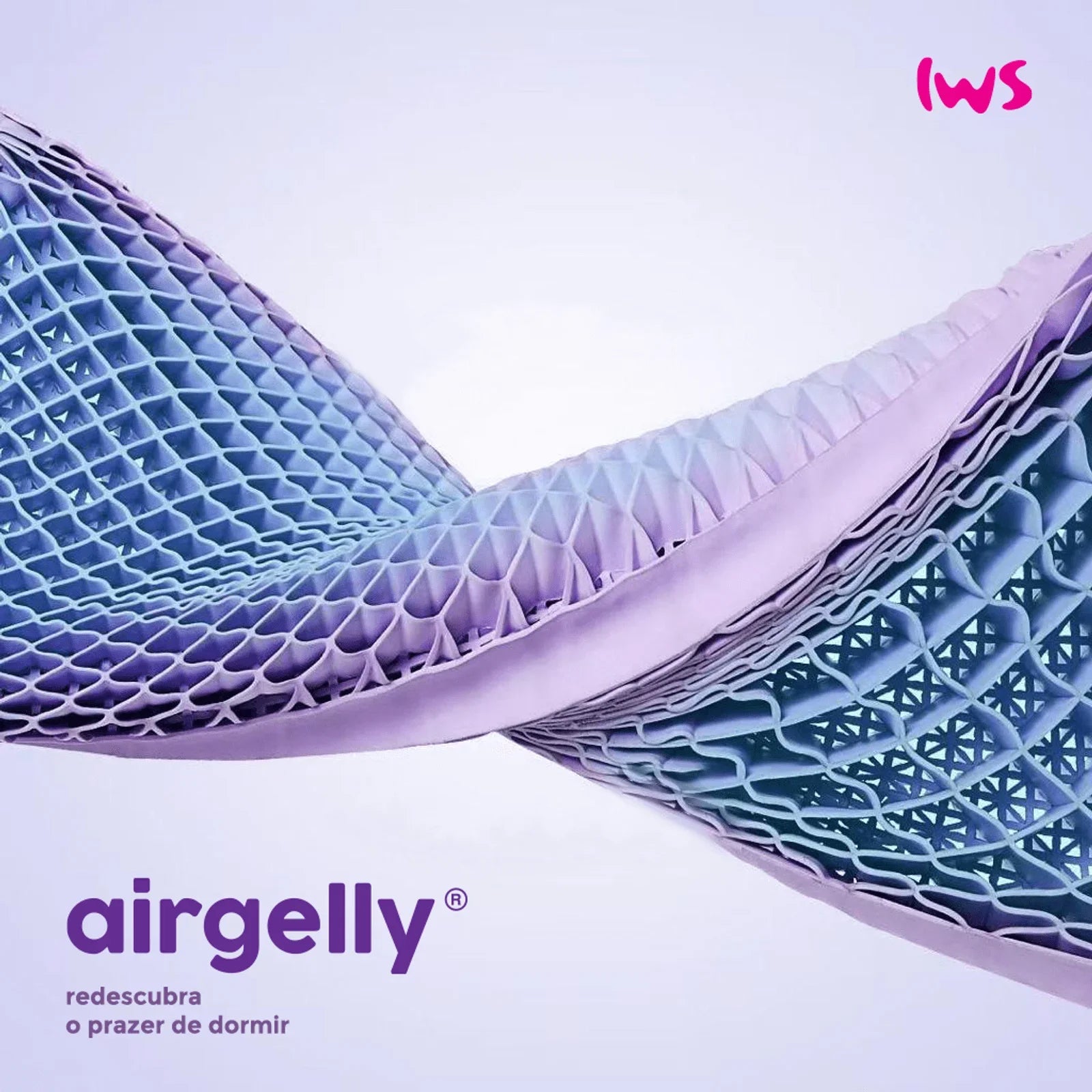 travesseiro airgelly iws roxo em imagem 3d  em torsão representando sua flexibilidade e dando destaque a sua estrutura tecnológica e inovadora que permite uma excelente circulação de ar, proporcionando alívio térmico e noites frescas e tornando ele o travesseiro 100% lavável
