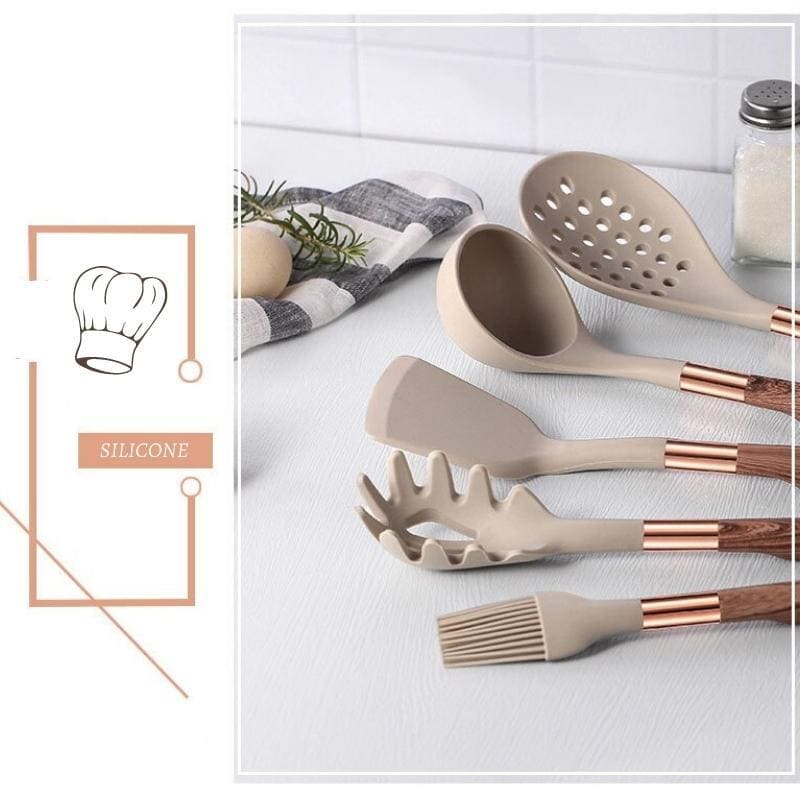 Kit Utensílios de Cozinha Silicone 10 Peças Com Organizador Rosé Elegance Home