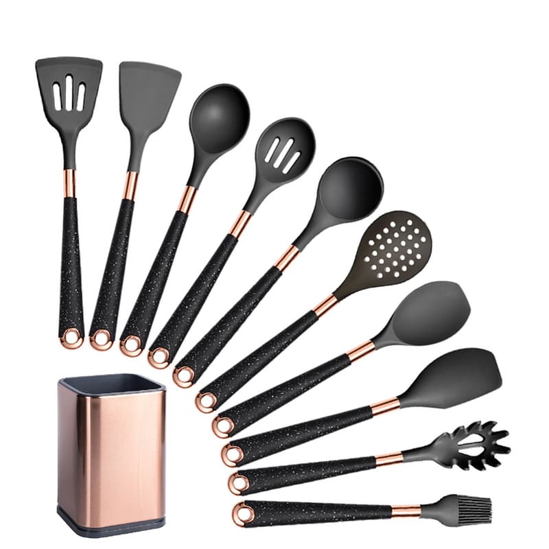 Kit Utensílios de Cozinha Silicone 10 Peças Com Organizador Rosé Elegance Home